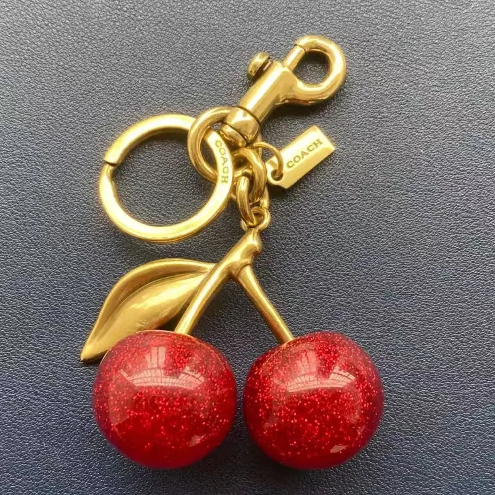 Coach Gold-Tone Keychain with Red Glitter Cherry Charms